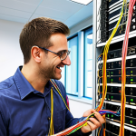 **A network engineer joyfully connecting colorful cables representing different network layers (OSI model) in a modern, brightly lit office, symbolizing a smooth and well-planned network infrastructure setup.**