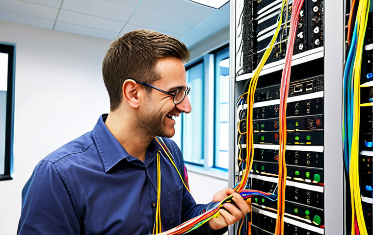 **A network engineer joyfully connecting colorful cables representing different network layers (OSI model) in a modern, brightly lit office, symbolizing a smooth and well-planned network infrastructure setup.**