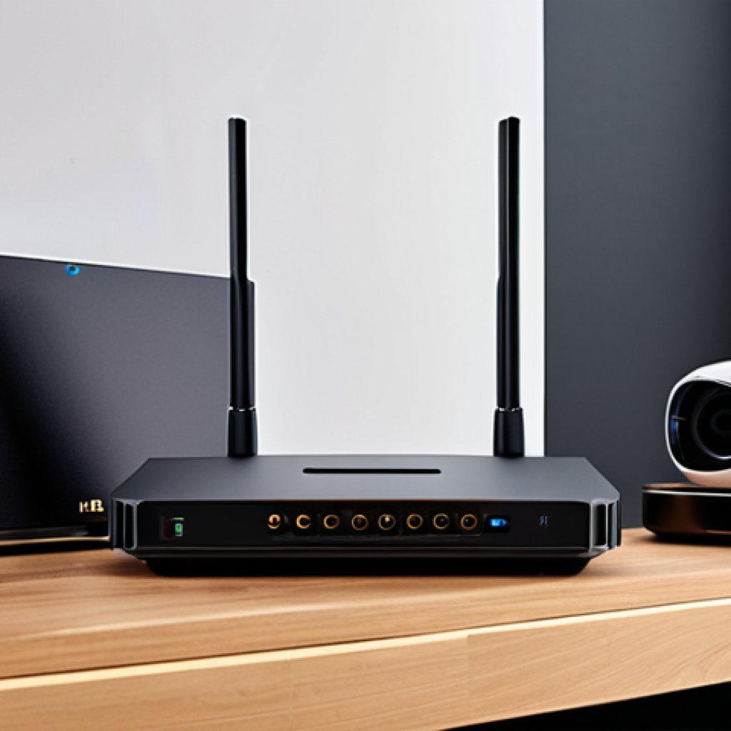 A home Wi-Fi 6E router setup, showcasing fast 4K streaming and VR gaming with multiple devices connected seamlessly.