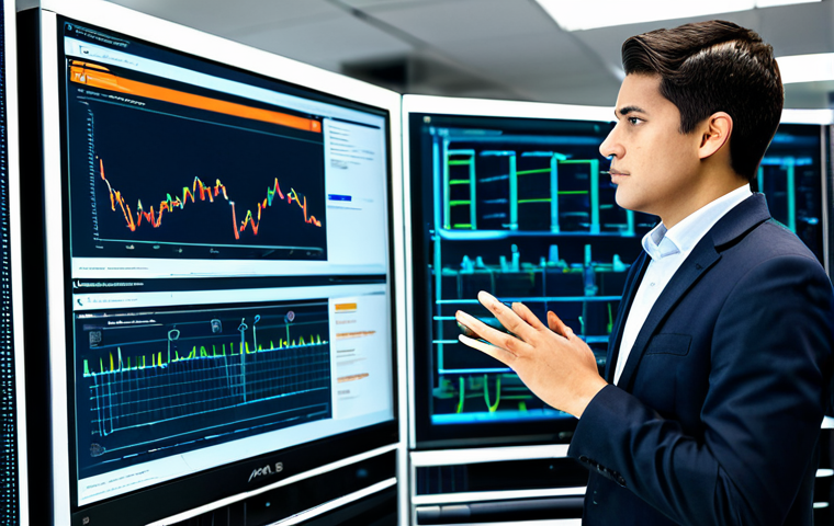 A professional network administrator, wearing a modest business suit, standing confidently in a bright, modern IT office environment. The administrator is engaging with multiple large computer screens, one showing complex network diagrams and data flow, another displaying cloud service dashboards (AWS/Azure style), and a third with lines of Python automation code. The background features elements of a clean data center or server racks, subtly blurred to highlight the subject. The image conveys high-tech expertise and proactive network management. The subject has perfect anatomy, correct proportions, natural pose, well-formed hands, and proper finger count. This image is safe for work, appropriate content, fully clothed, and professional dress. High-quality photography, realistic, crisp focus.