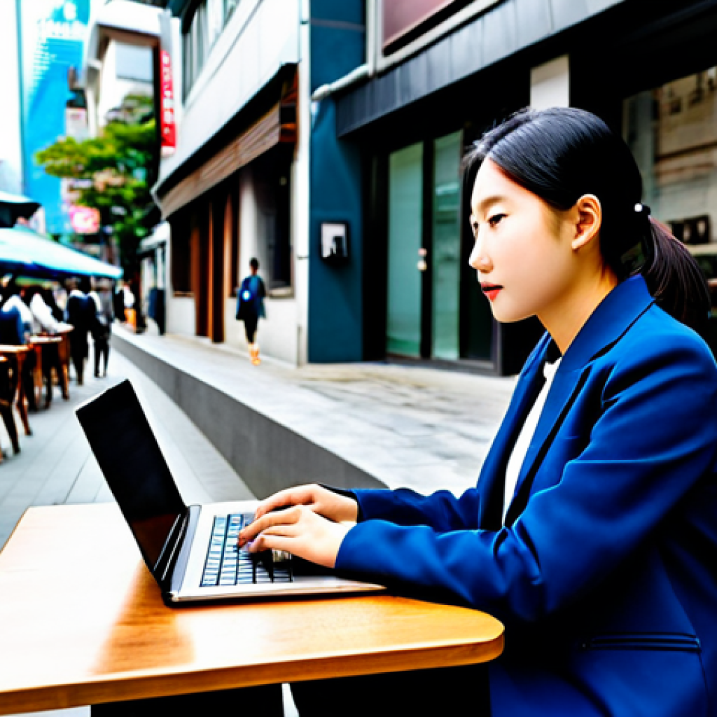 **
"A fully clothed traveler sitting at an outdoor cafe in Seoul, South Korea, using a laptop with a VPN connection screen visible. She is wearing modest, professional attire. The cafe is bustling with activity in the background. Safe for work, appropriate content, perfect anatomy, natural proportions, professional photography, high quality."
**