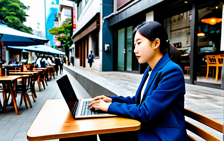 **
"A fully clothed traveler sitting at an outdoor cafe in Seoul, South Korea, using a laptop with a VPN connection screen visible. She is wearing modest, professional attire. The cafe is bustling with activity in the background. Safe for work, appropriate content, perfect anatomy, natural proportions, professional photography, high quality."
**