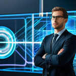 SD WAN 개념과 활용 - **Prompt:** A sleek, modern control center with a central holographic display showing a vibrant, int...